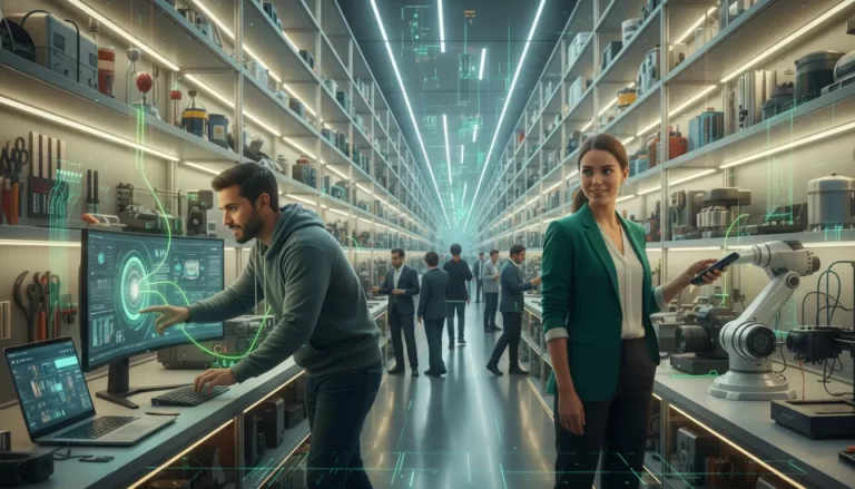 Um homem e uma mulher em primeiro plano em uma galeria de infinitos equipamentos profissionais.