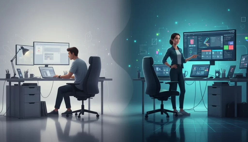 Um homem com setup simples de computador e uma mulher com setup completo de computador