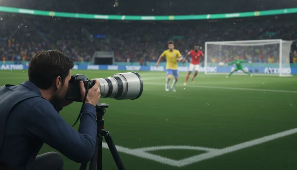 Um fotógrafo com câmera fotográfica, tripé e lente teleobjetiva fotografando uma partida de futebol