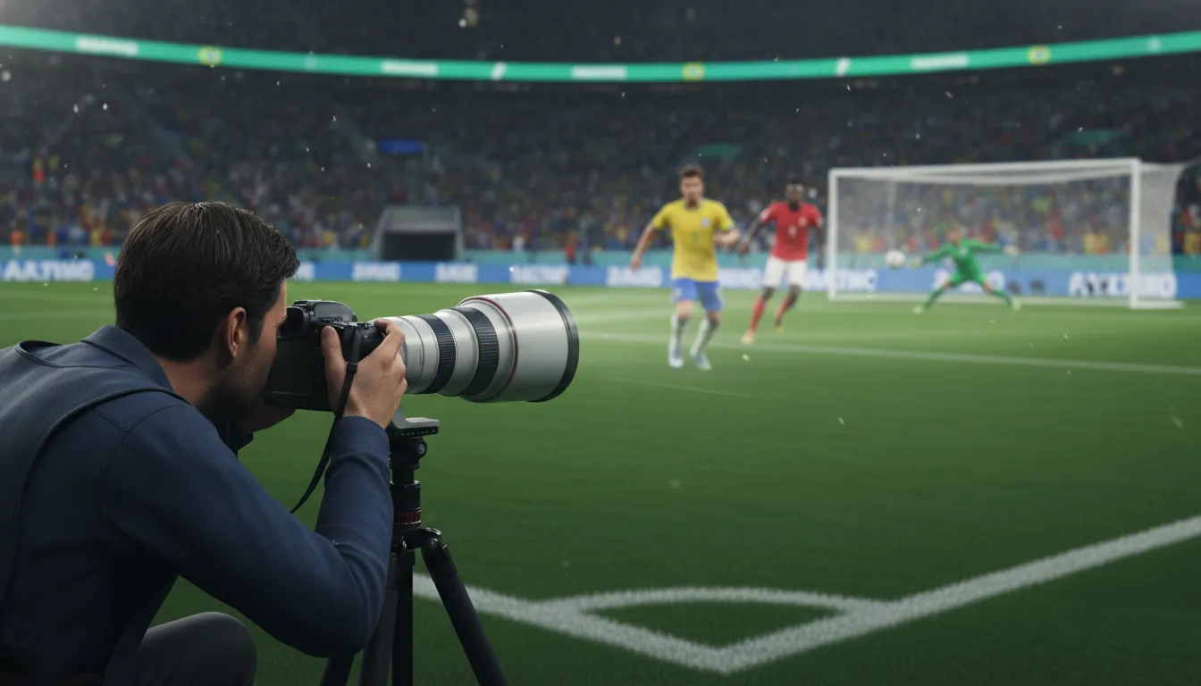 Um fotógrafo com câmera fotográfica, tripé e lente teleobjetiva fotografando uma partida de futebol