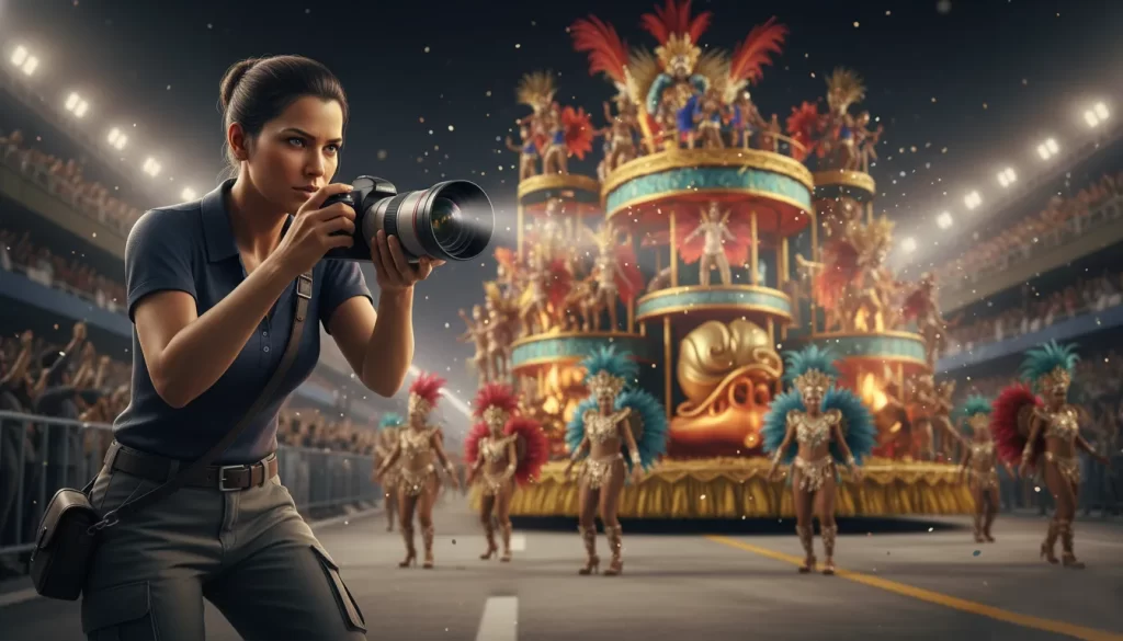 Uma fotógrafa com câmera e lentes epeciais fotografando o carnaval