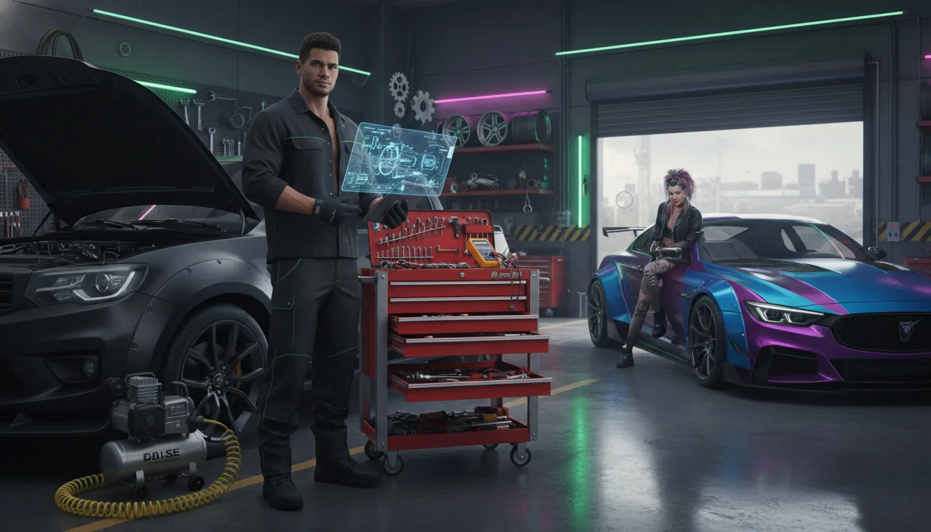 Mecânico em oficina de customização de carros com uma cliente em um carro esportivo.