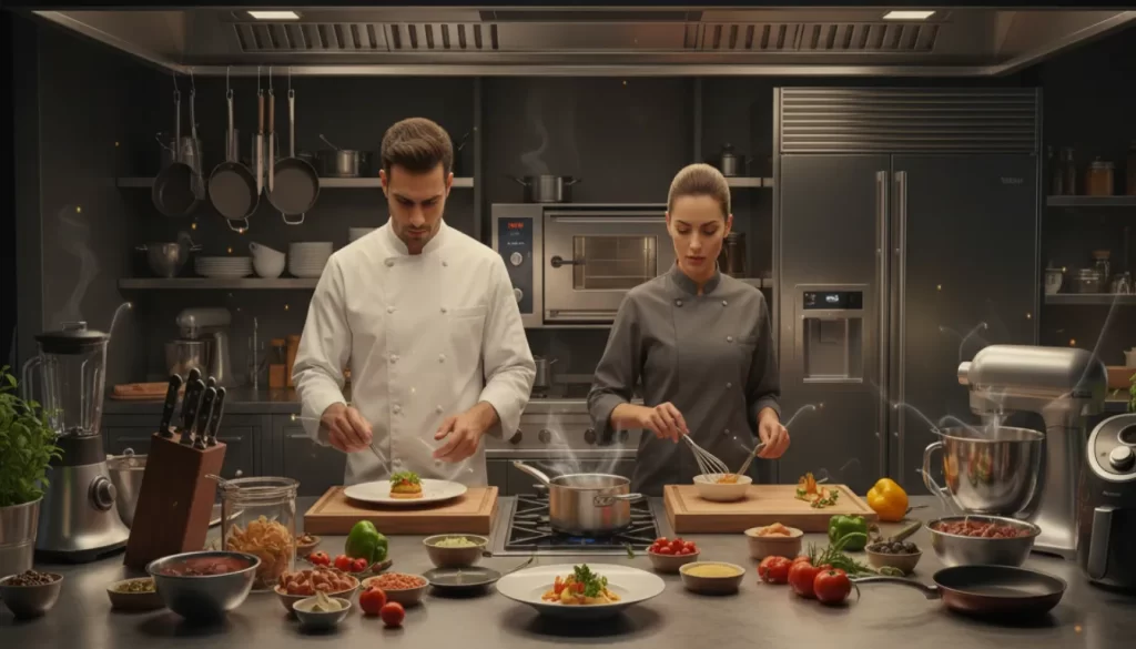 Um casal de Chefs de Cozinha trabalhando em uma cozinha premium com equipamentos de cozinha.