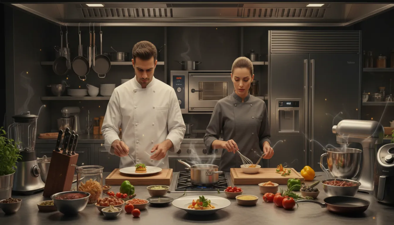 Um casal de Chefs de Cozinha trabalhando em uma cozinha premium com equipamentos de cozinha.