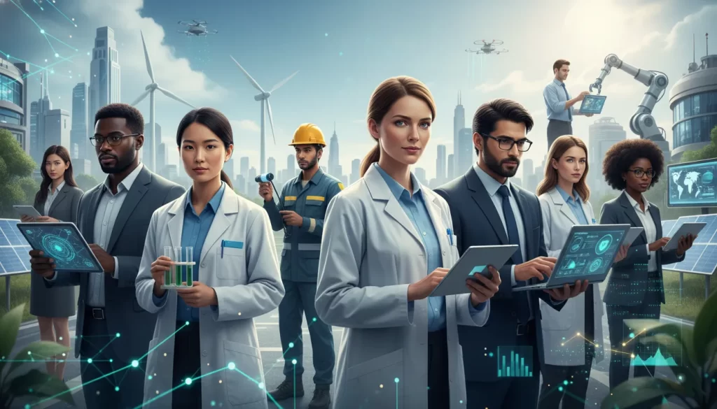 Grupo de profissionais de diversas áreas em cenário futurista