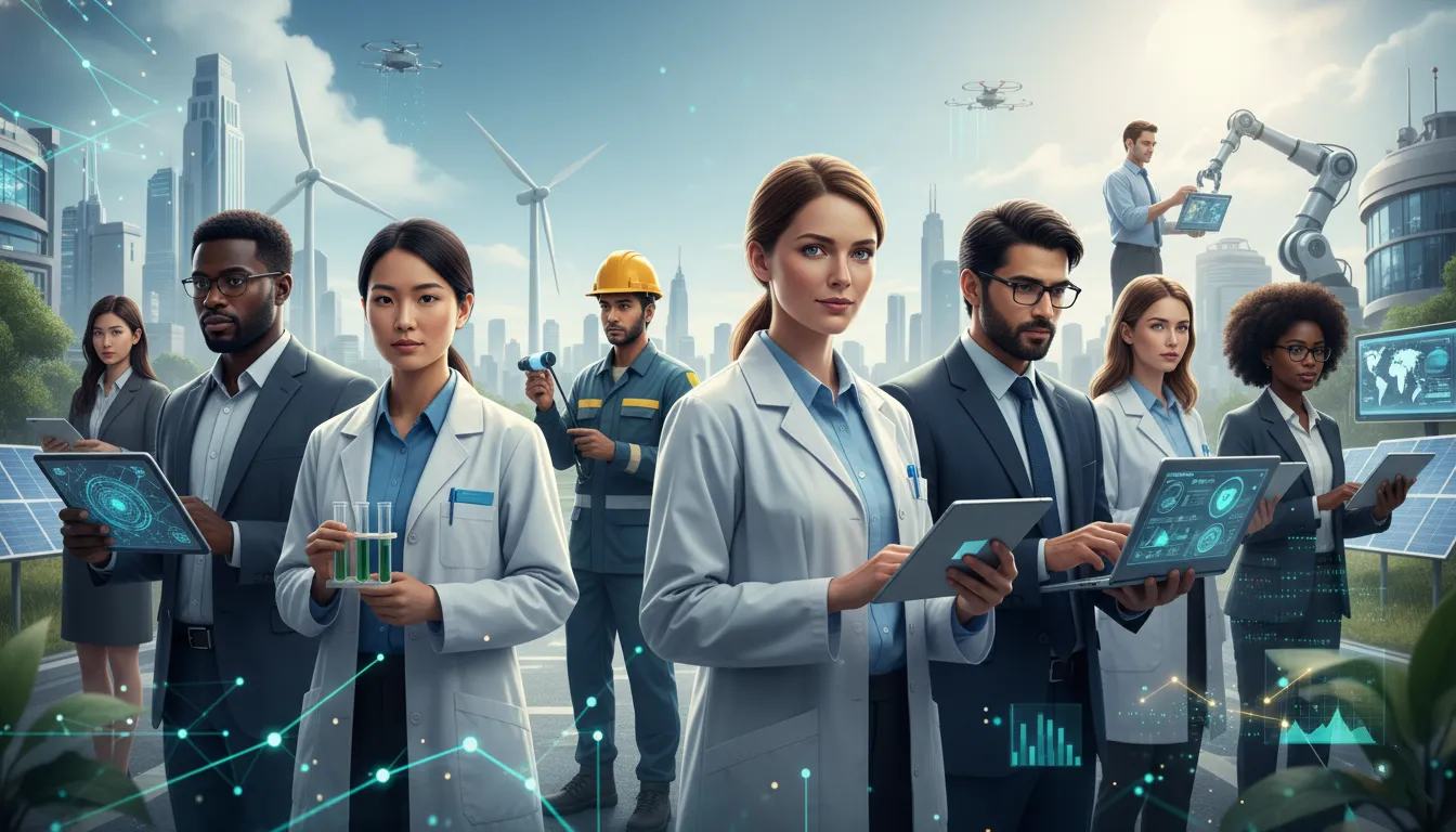 Grupo de profissionais de diversas áreas em cenário futurista