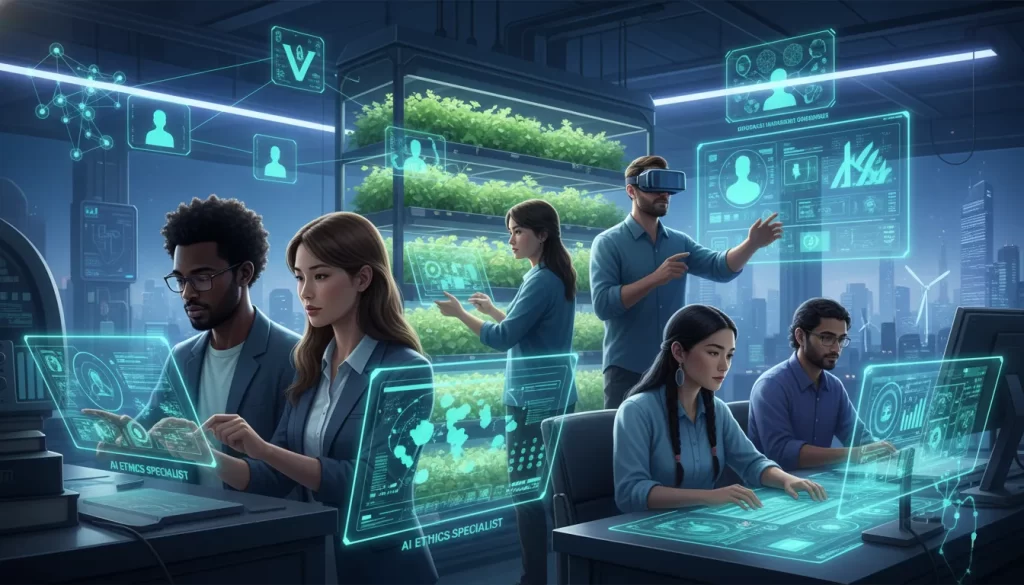 Seis pessoas de profissões diversas em um laboratório futurista.