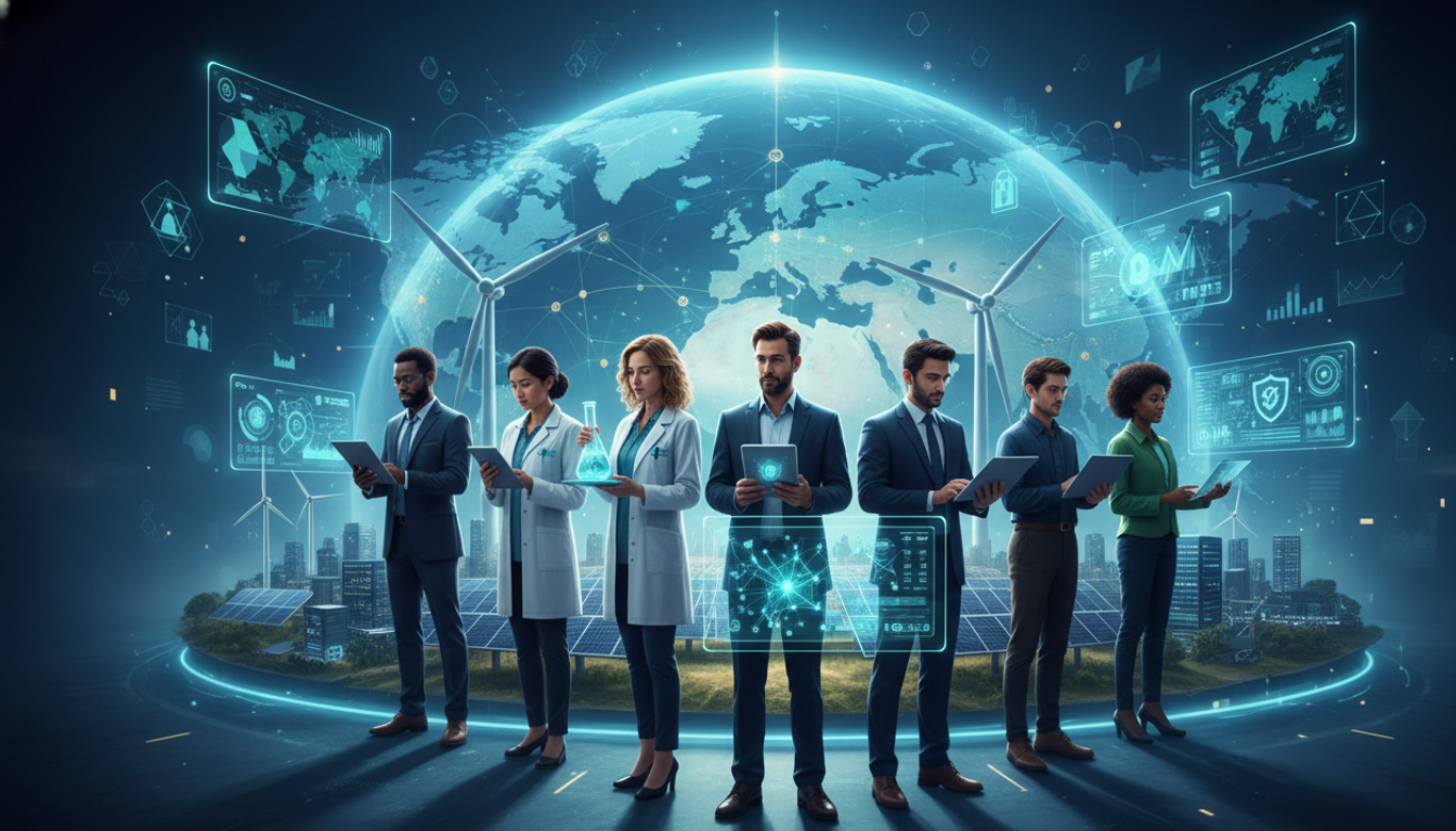 Um grupo de 7 profissionais de diferentes áreas em frente à um globo terrestre.