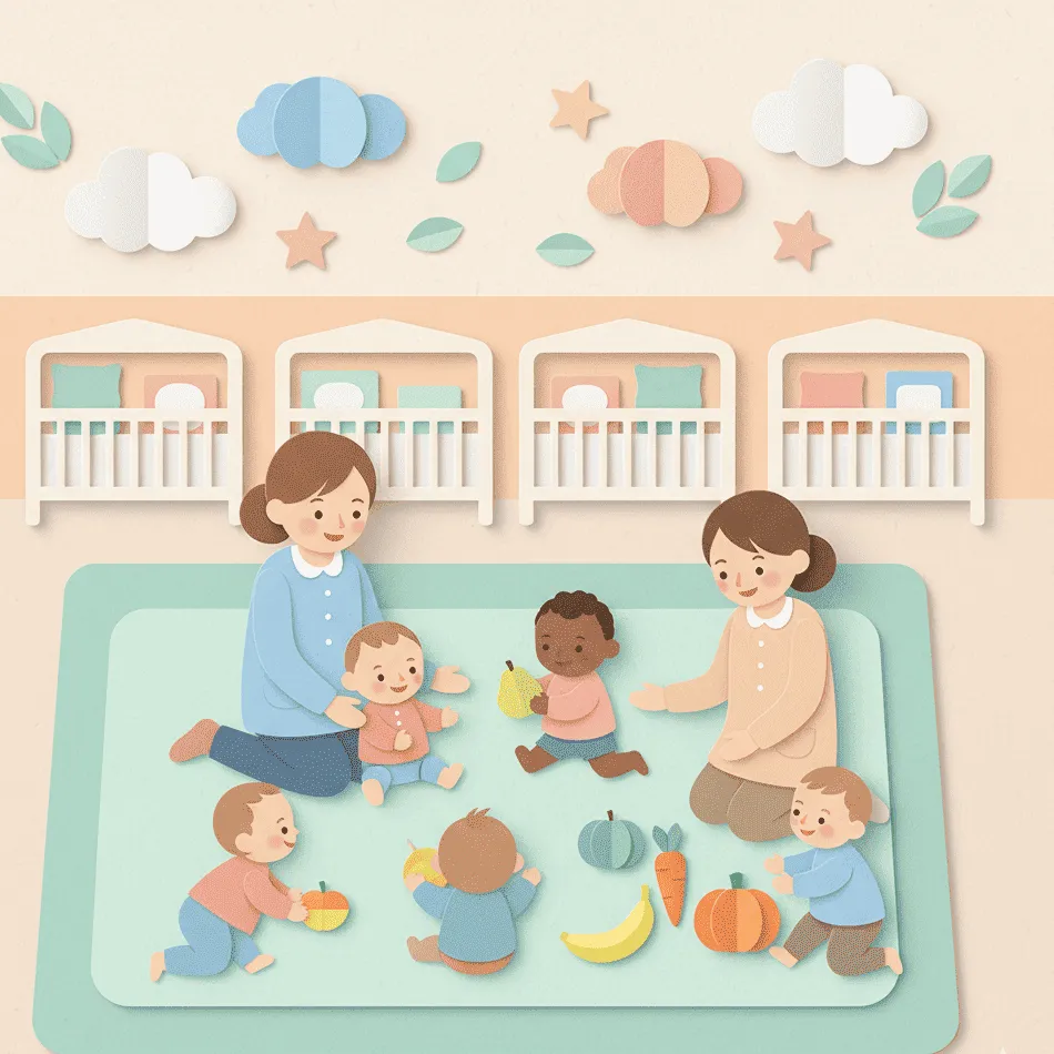 Ilustração de cuidadores de crianças em creche.