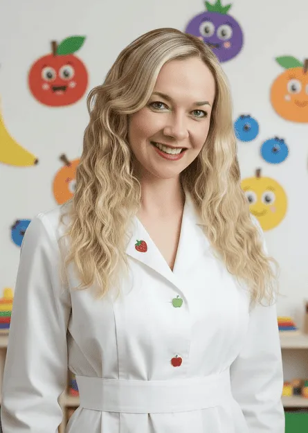 Fotografia da nutricionista Raquel Sanchez Franz em uma sala de creche.