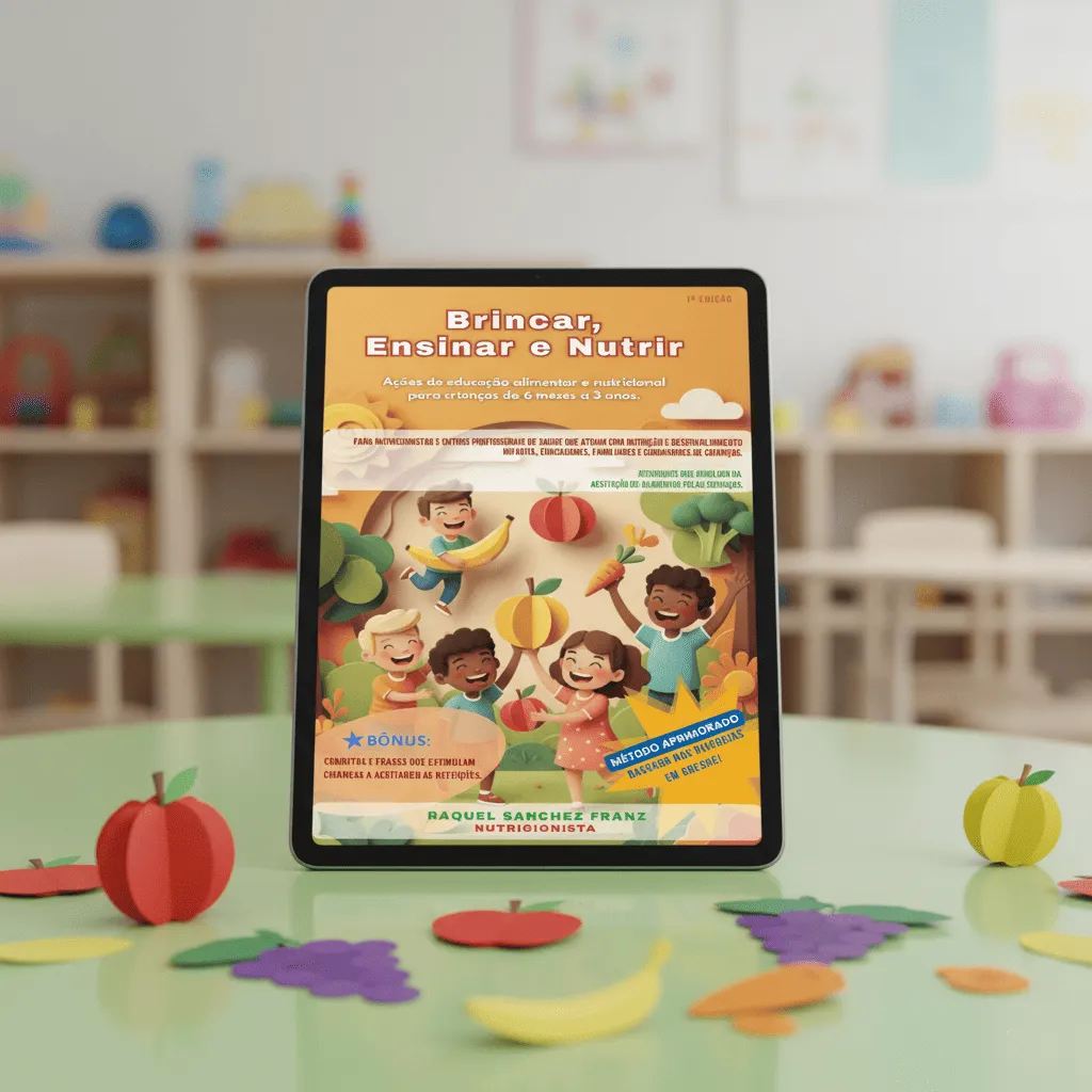 Imagem de um tablet sobbre uma mesa verde de uma creche. Na tela do tablet é mostrada a capa do ebook Brincar, Ensinar e Nutrir.