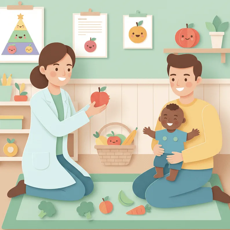 Ilustração em desenho de uma nutricionista, um adulto e uma criança.