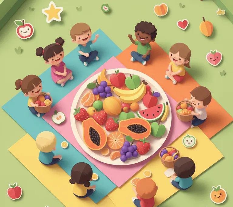 Ilustração de crianças em um pique-nique de frutas