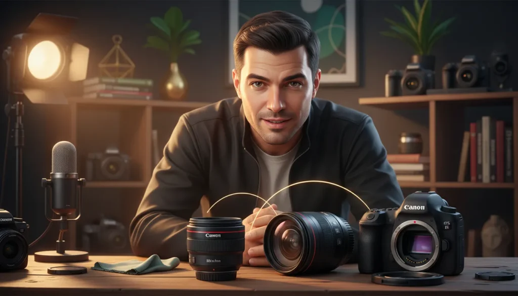 Homem com lentes CANON RF e EF sobre mesa de madeira em cenário casual de uma sala com equipamentos fotográficos.