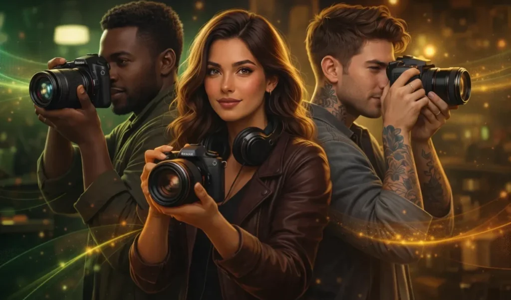 Três pessoas com diferentes câmeras fotográficas