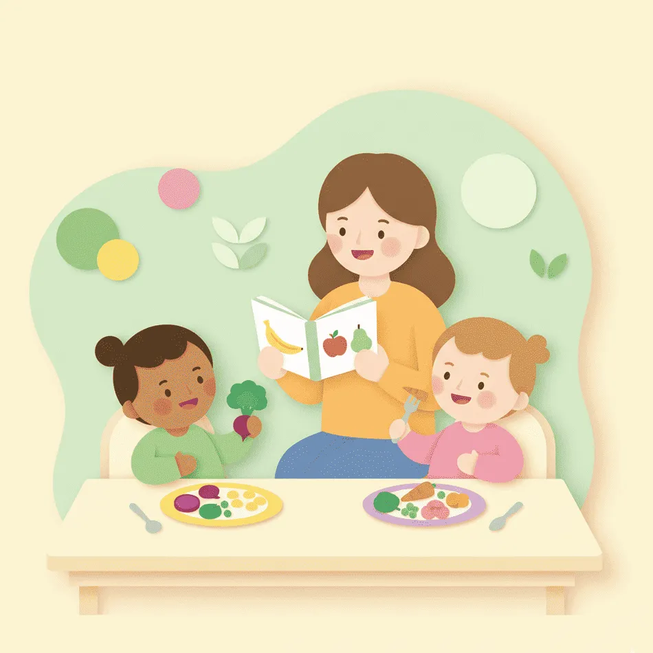 Ilustração de uma mulher e duas crianças felizes durante uma refeição.Ilustração de uma mulher e duas crianças felizes durante uma refeição.