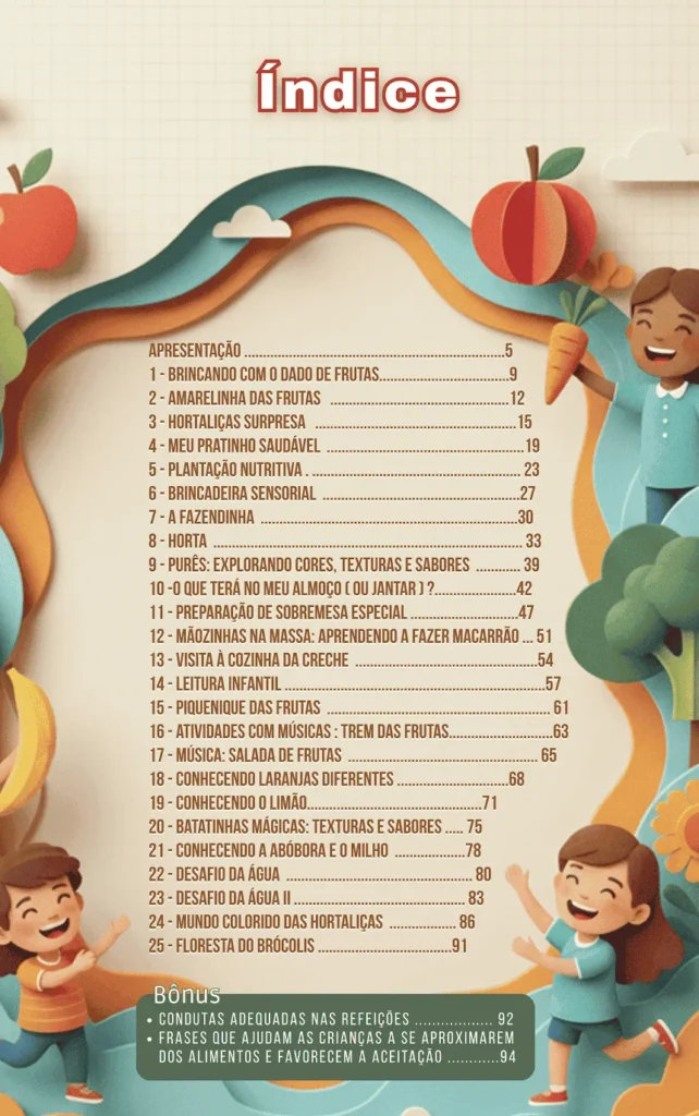 Imagem da página de índice do e-book Brincar, Ensinar e Nutrir.