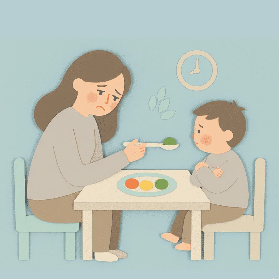 Ilustração de uma mulher e uma criança tristes durante uma refeição.